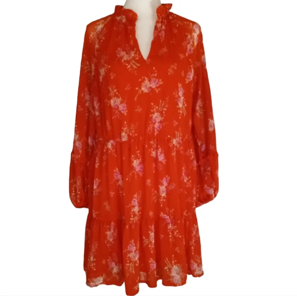 Vince Camuto Bright Orange Floral Boho Tiered Knee Length Dress Size Large